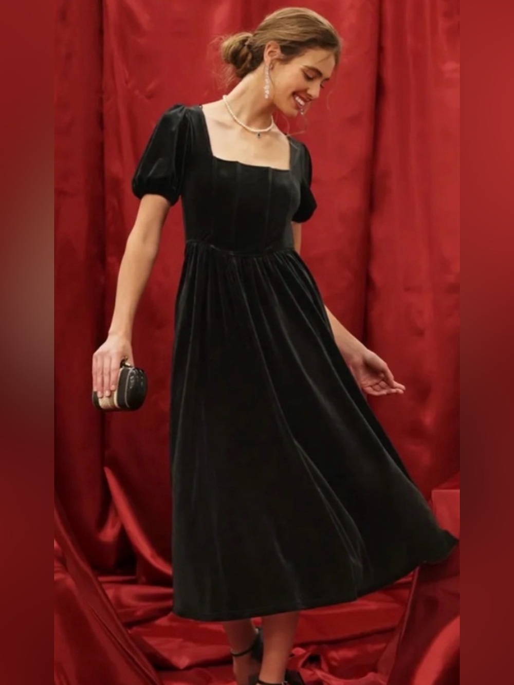 As U Wish Black Velvet Midi Dress with Square Neck and Puff Sleeves